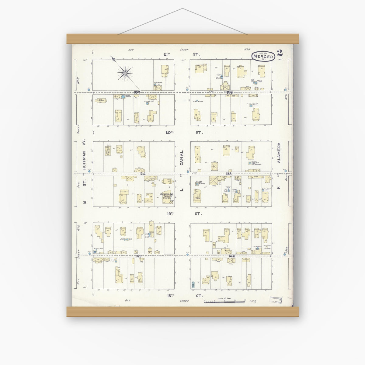 Old map wall art mockup — magnetic wood frame on white wall — Sanborn Fire Insurance Map from Merced, Merced County, California (1891), Sheet #0002