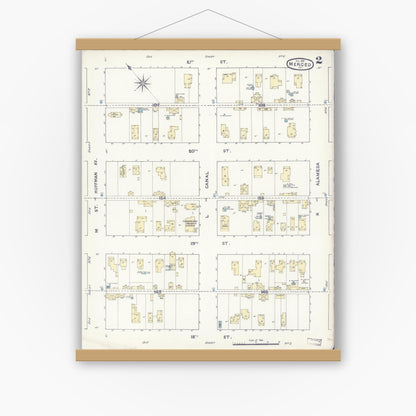Old map wall art mockup — magnetic wood frame on white wall — Sanborn Fire Insurance Map from Merced, Merced County, California (1891), Sheet #0002