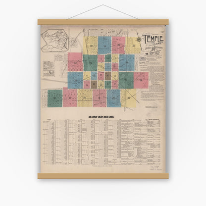 Old map wall art mockup — magnetic wood frame on white wall — Sanborn Fire Insurance Map from Temple, Bell County, Texas (1922), Sheet #0001