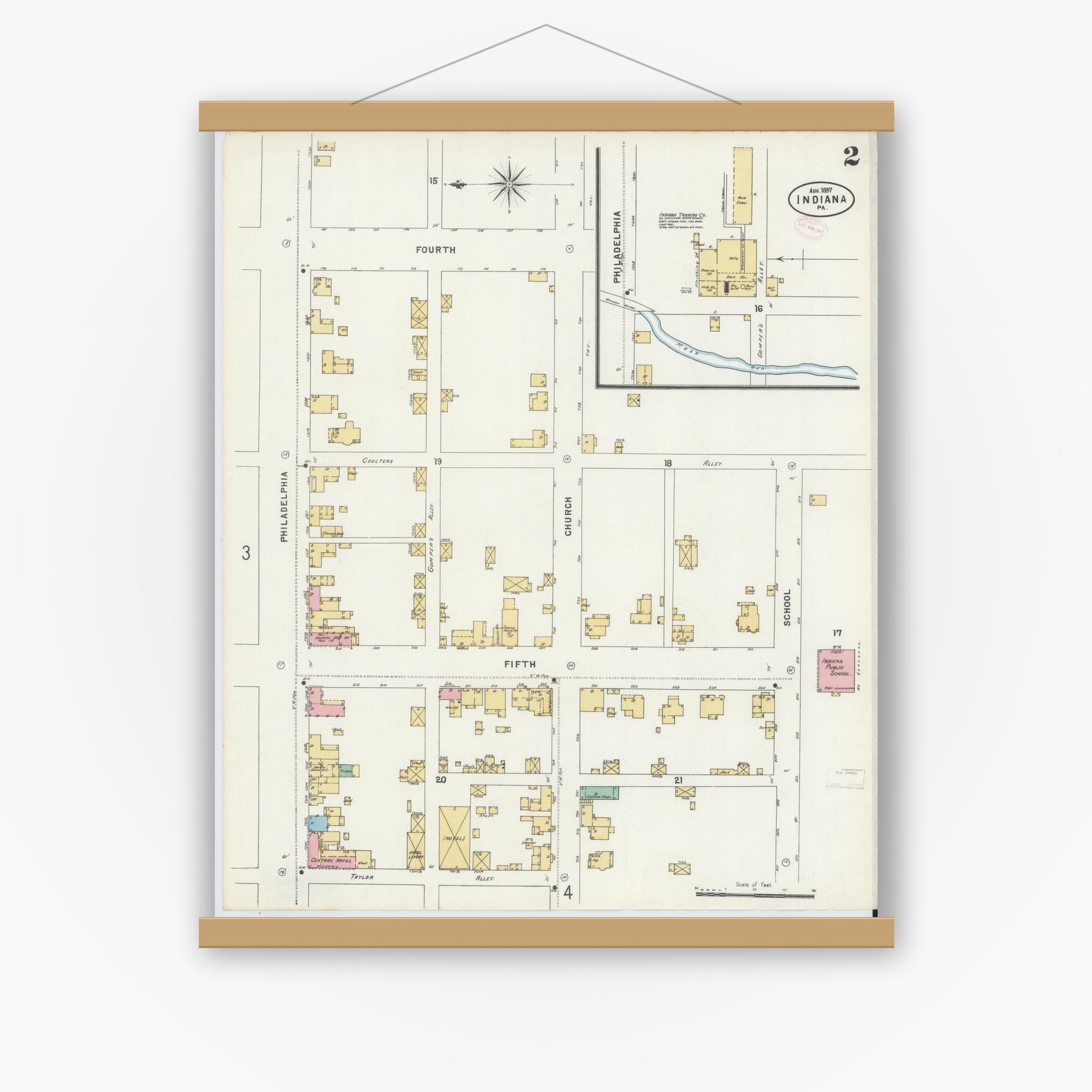 Old map wall art mockup — magnetic wood frame on white wall — Sanborn Fire Insurance Map from Indiana, Indiana County, Pennsylvania (1888), Sheet #0002