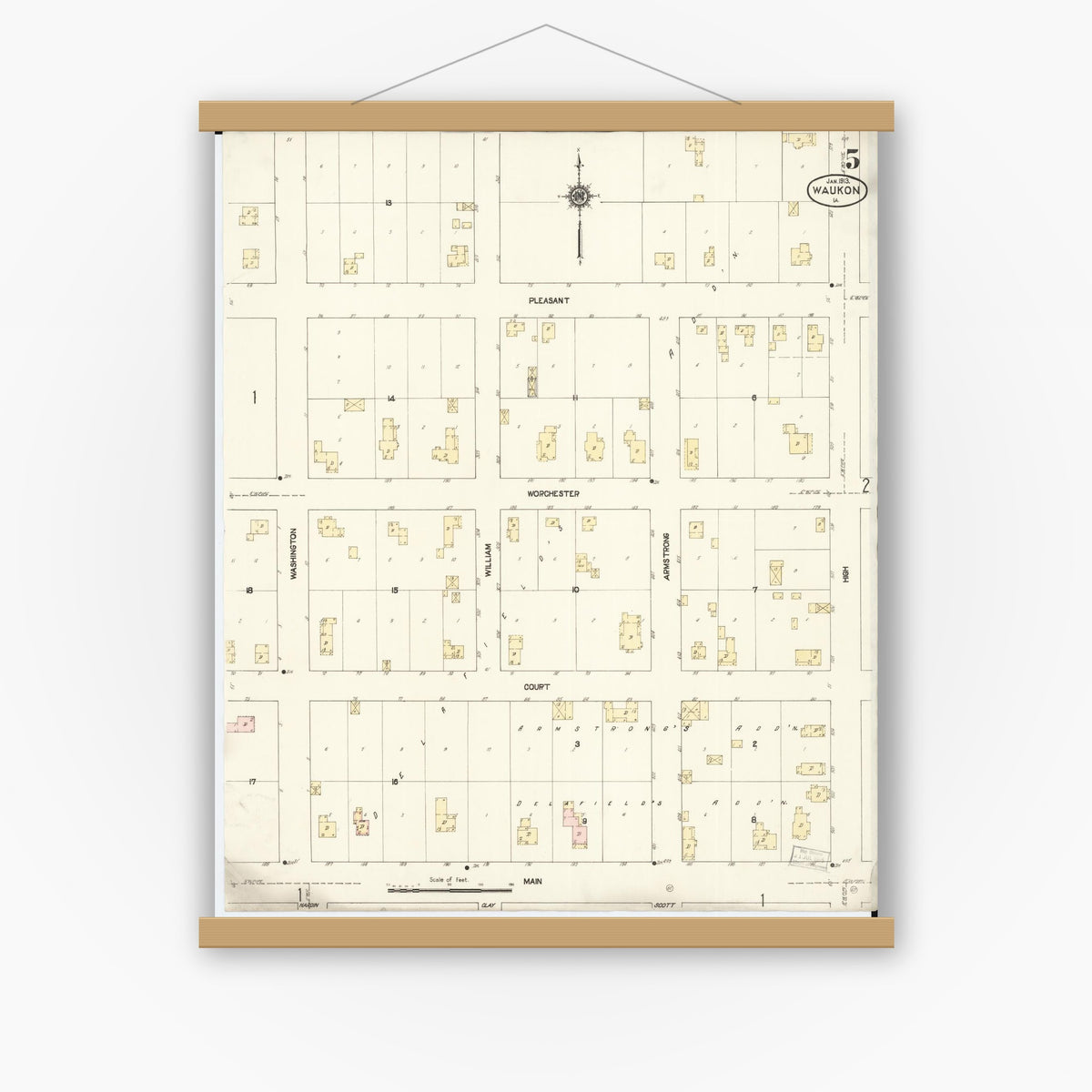 Old map wall art mockup — magnetic wood frame on white wall — Sanborn Fire Insurance Map from Waukon, Allamakee County, Iowa (1913), Sheet #0005