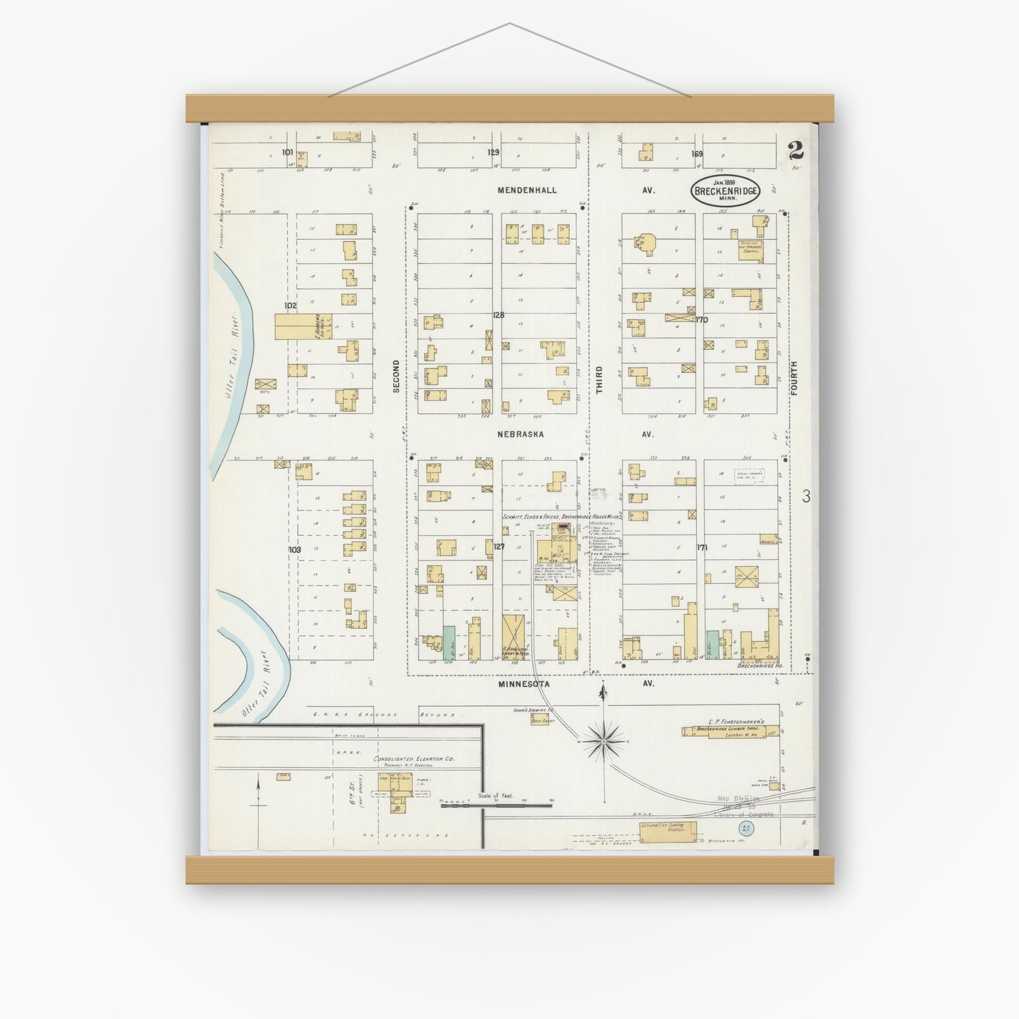 Old map wall art mockup — magnetic wood frame on white wall — Sanborn Fire Insurance Map from Breckenridge, Wilkin County, Minnesota (1898), Sheet #0002