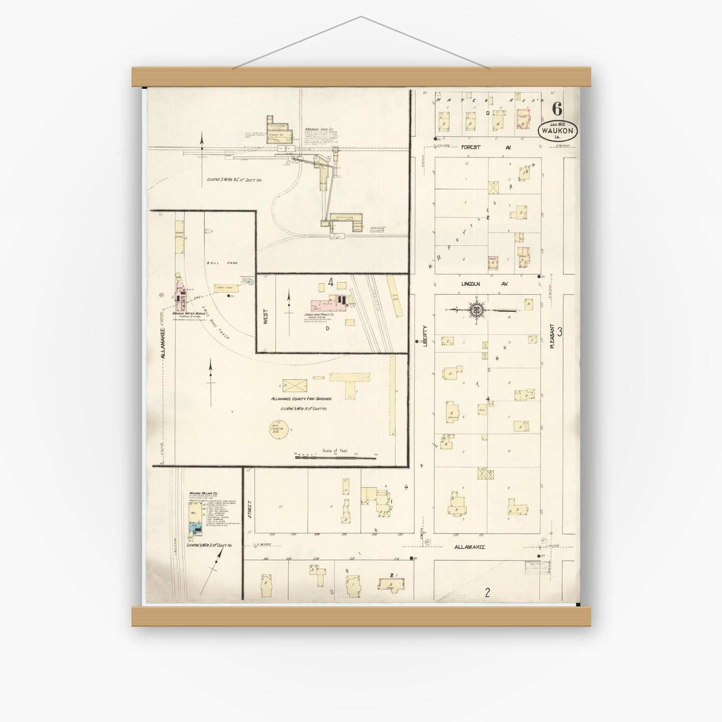 Old map wall art mockup — magnetic wood frame on white wall — Sanborn Fire Insurance Map from Waukon, Allamakee County, Iowa (1913), Sheet #0006