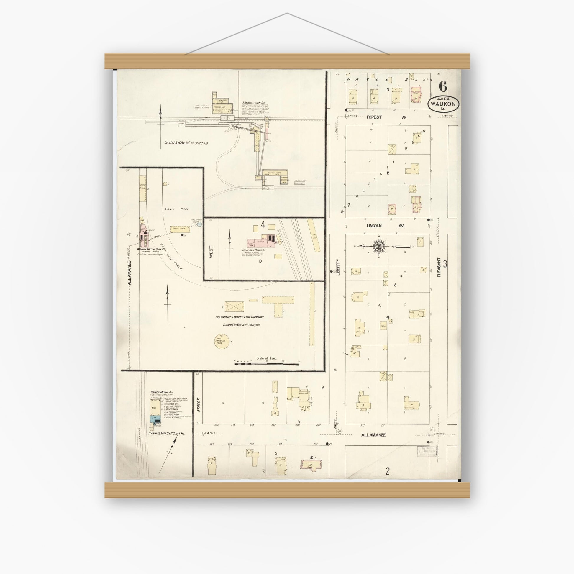 Old map wall art mockup — magnetic wood frame on white wall — Sanborn Fire Insurance Map from Waukon, Allamakee County, Iowa (1913), Sheet #0006