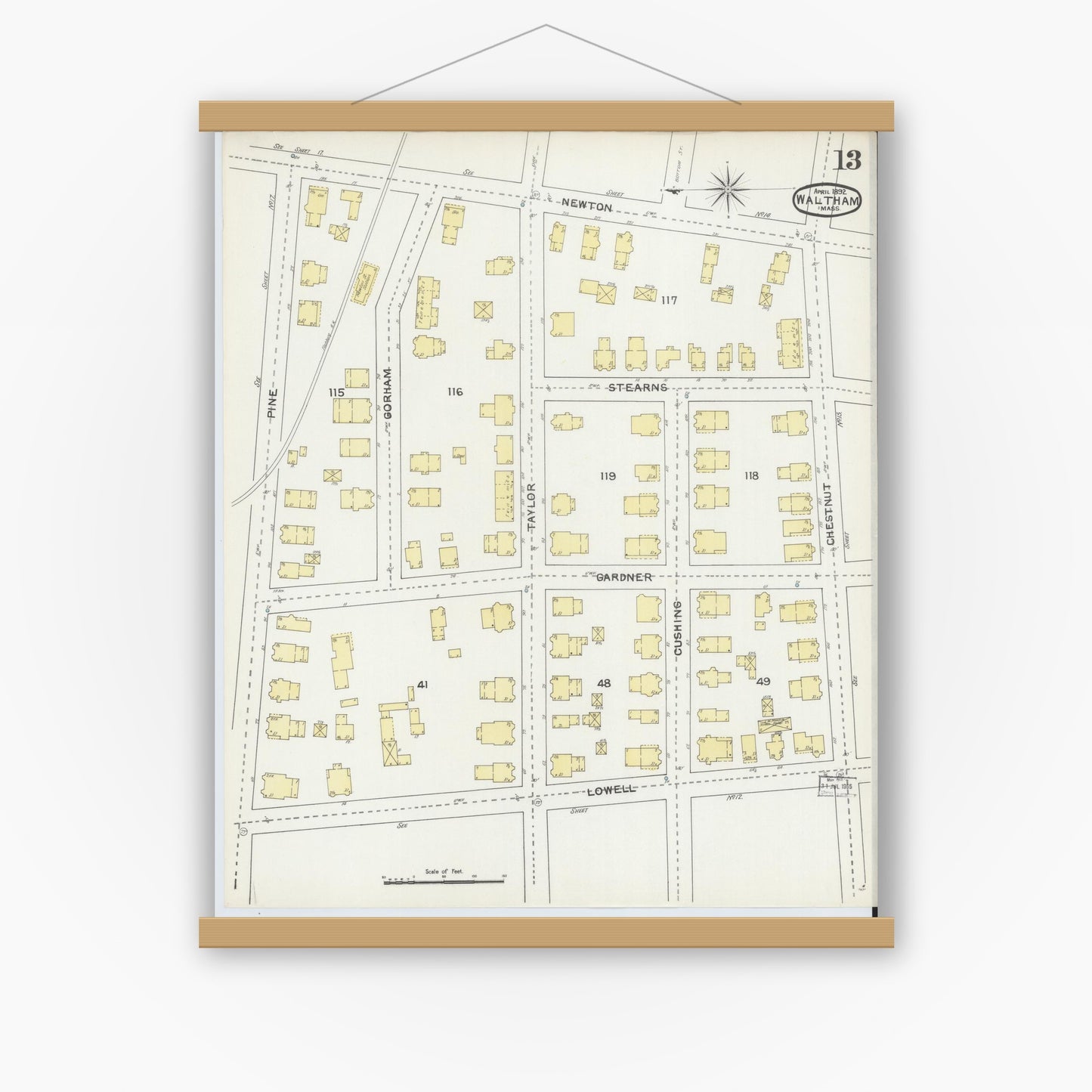 Old map wall art mockup — magnetic wood frame on white wall — Sanborn Fire Insurance Map from Waltham, Middlesex County, Massachusetts (1892), Sheet #0013