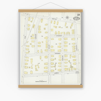 Old map wall art mockup — magnetic wood frame on white wall — Sanborn Fire Insurance Map from Waltham, Middlesex County, Massachusetts (1892), Sheet #0013