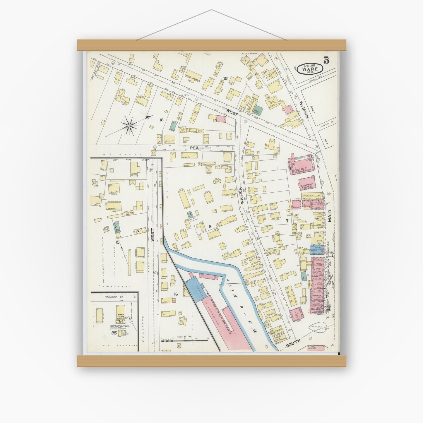 Old map wall art mockup — magnetic wood frame on white wall — Sanborn Fire Insurance Map from Ware, Hampshire County, Massachusetts (1892), Sheet #0005