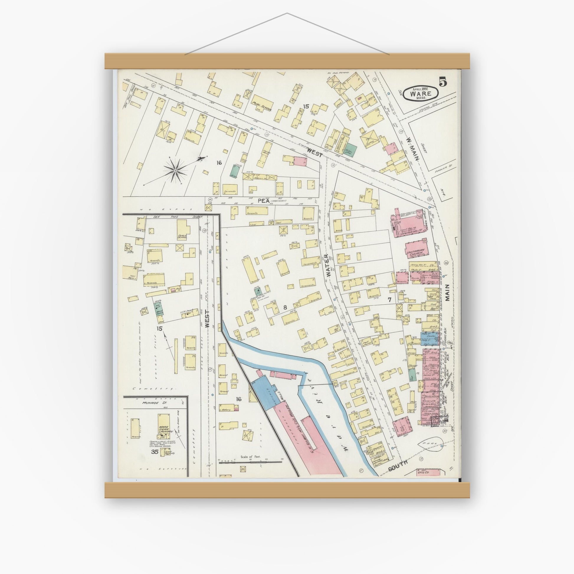 Old map wall art mockup — magnetic wood frame on white wall — Sanborn Fire Insurance Map from Ware, Hampshire County, Massachusetts (1892), Sheet #0005