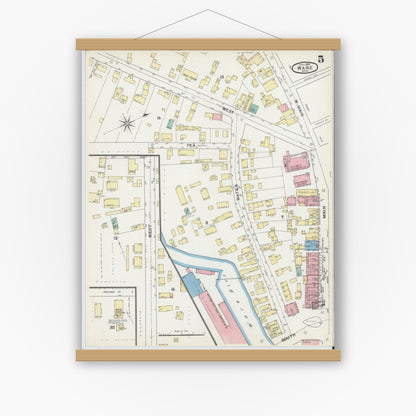 Old map wall art mockup — magnetic wood frame on white wall — Sanborn Fire Insurance Map from Ware, Hampshire County, Massachusetts (1892), Sheet #0005
