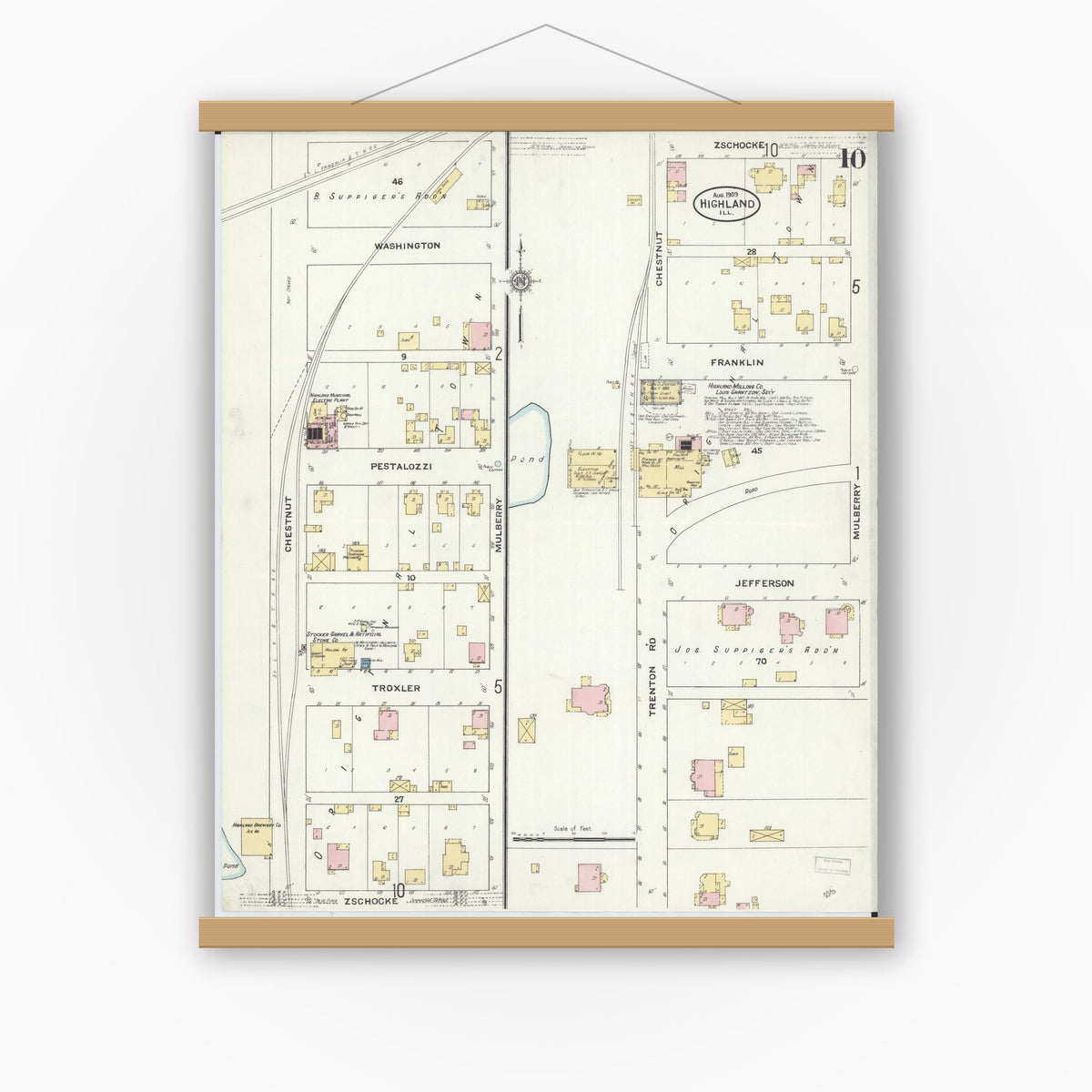 Old map wall art mockup — magnetic wood frame on white wall — Sanborn Fire Insurance Map from Highland, Madison County, Illinois (1908), Sheet #0010