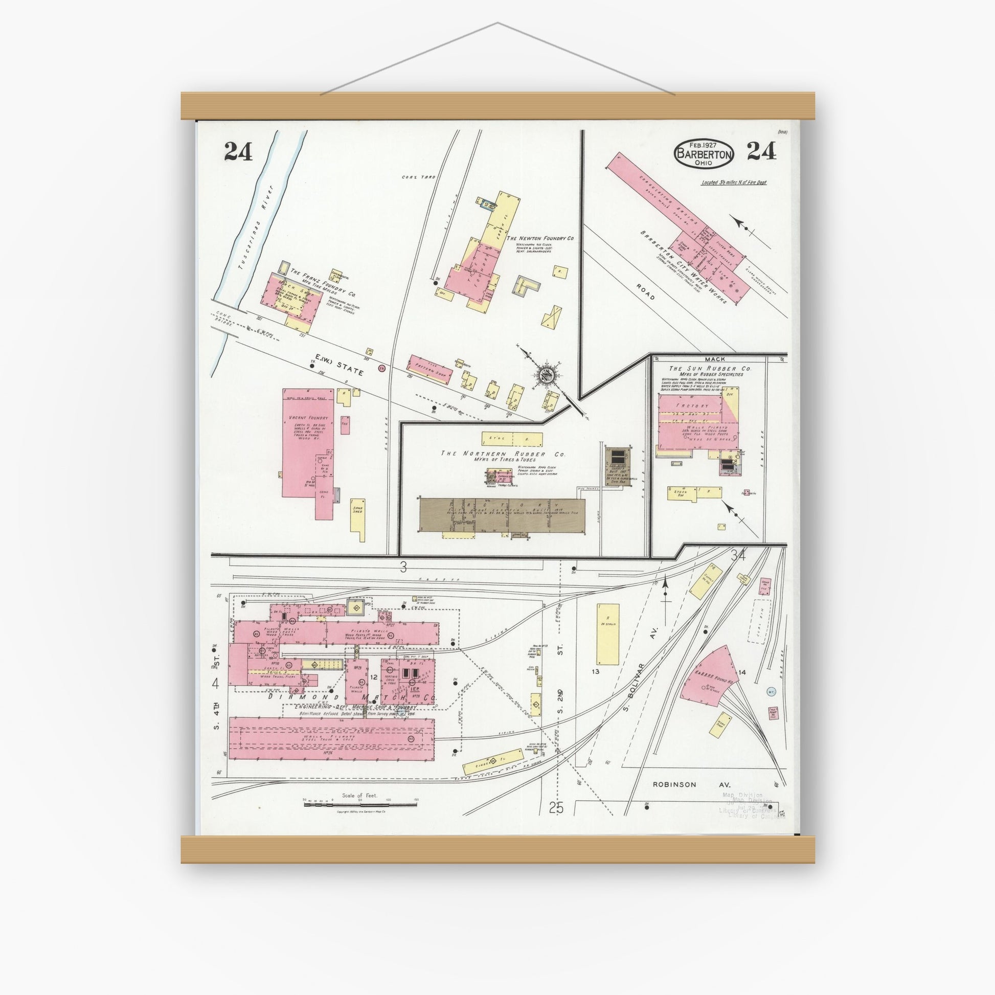 Old map wall art mockup — magnetic wood frame on white wall — Sanborn Fire Insurance Map from Barberton, Summit County, Ohio (1927), Sheet #0024