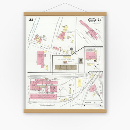 Old map wall art mockup — magnetic wood frame on white wall — Sanborn Fire Insurance Map from Barberton, Summit County, Ohio (1927), Sheet #0024