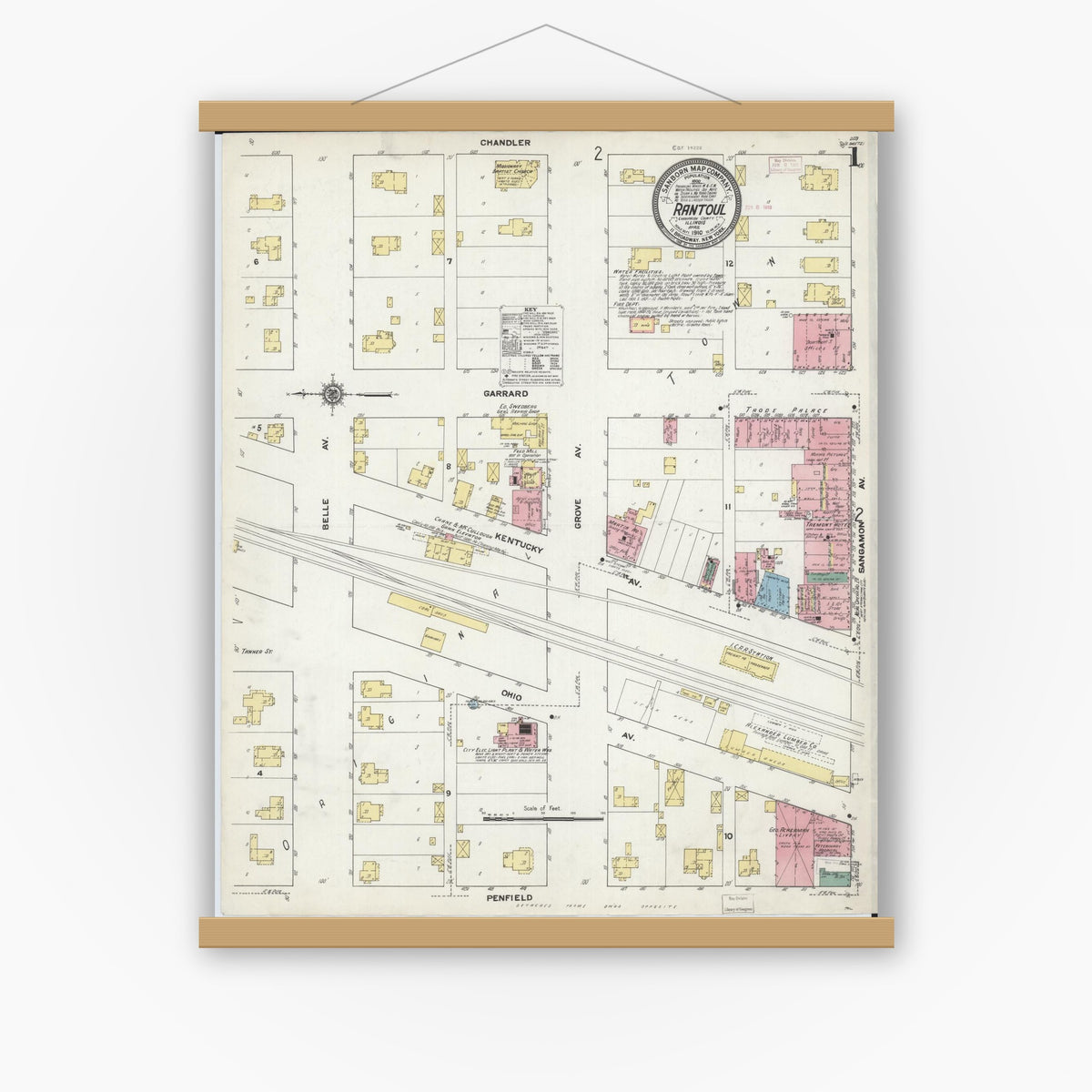 Old map wall art mockup — magnetic wood frame on white wall — Sanborn Fire Insurance Map from Rantoul, Champaign County, Illinois (1910), Sheet #0001