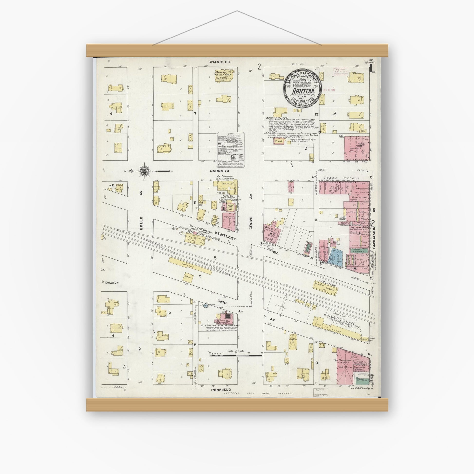 Old map wall art mockup — magnetic wood frame on white wall — Sanborn Fire Insurance Map from Rantoul, Champaign County, Illinois (1910), Sheet #0001