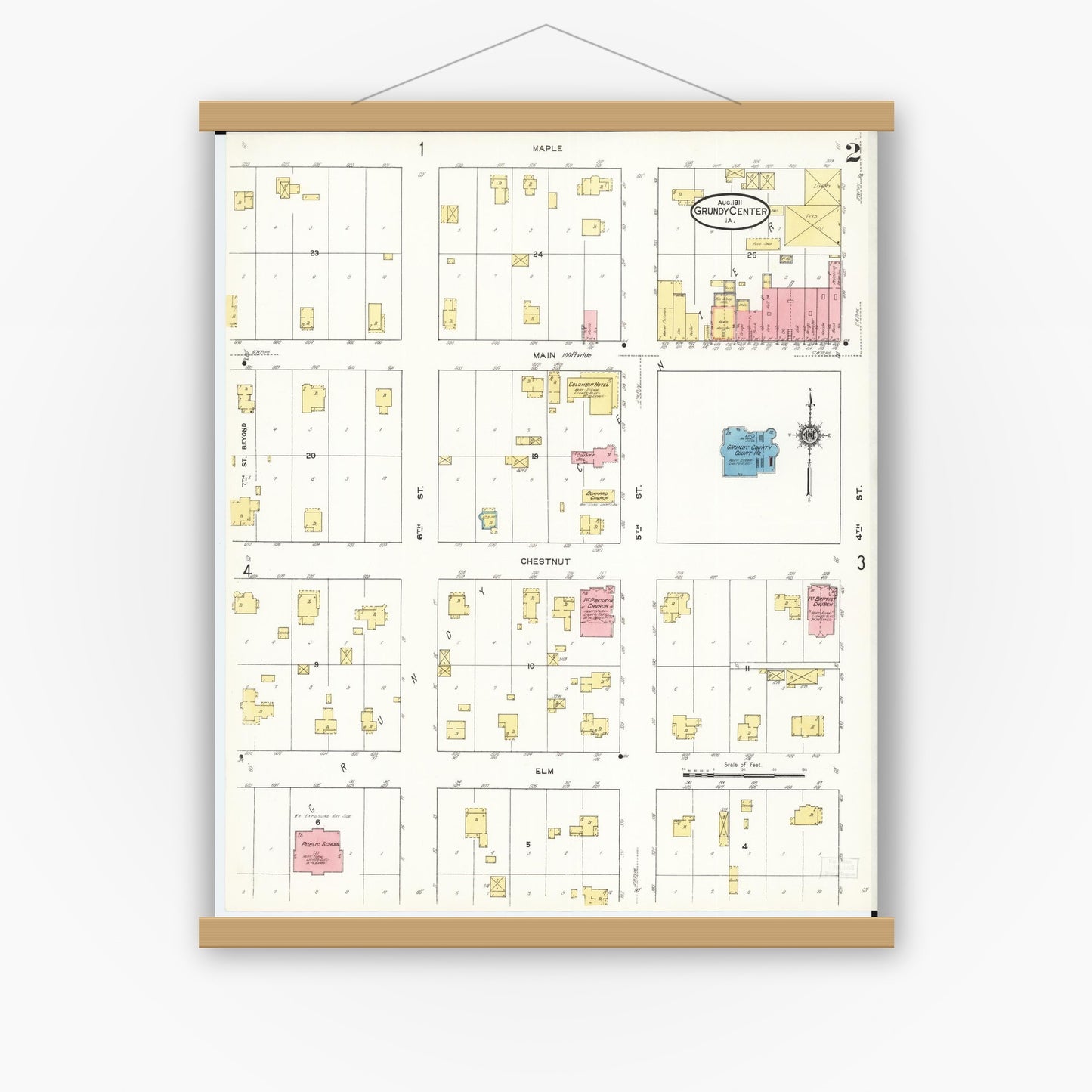 Old map wall art mockup — magnetic wood frame on white wall — Sanborn Fire Insurance Map from Grundy Center, Grundy County, Iowa (1911), Sheet #0002