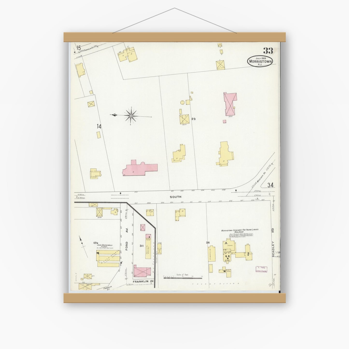 Old map wall art mockup — magnetic wood frame on white wall — Sanborn Fire Insurance Map from Morristown, Morris County, New Jersey (1909), Sheet #0033
