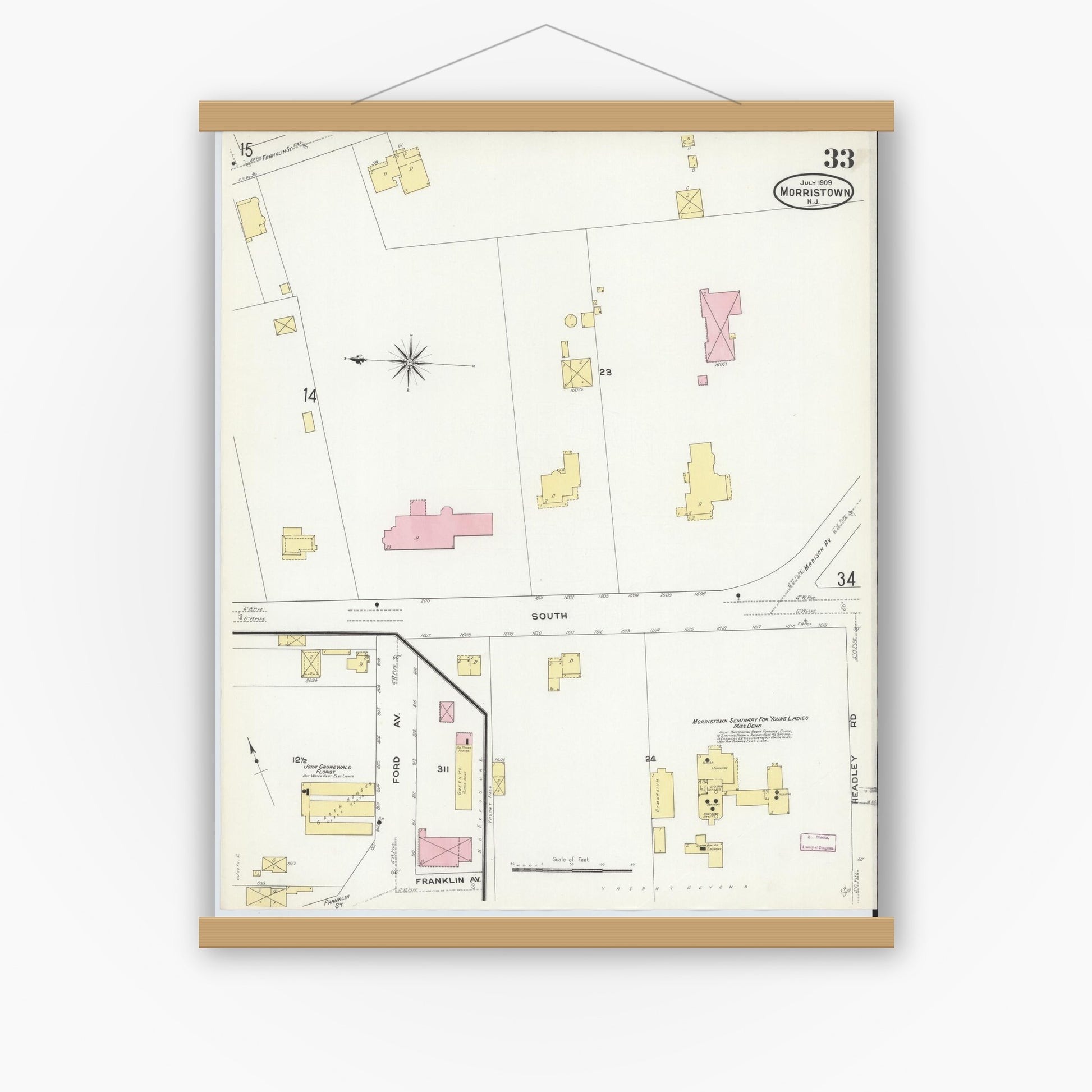 Old map wall art mockup — magnetic wood frame on white wall — Sanborn Fire Insurance Map from Morristown, Morris County, New Jersey (1909), Sheet #0033