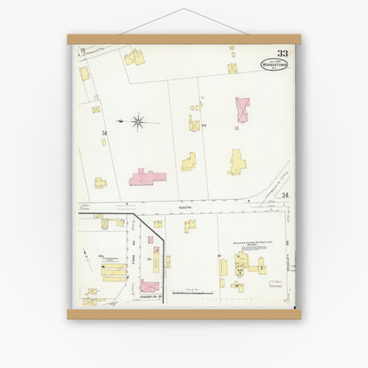 Old map wall art mockup — magnetic wood frame on white wall — Sanborn Fire Insurance Map from Morristown, Morris County, New Jersey (1909), Sheet #0033