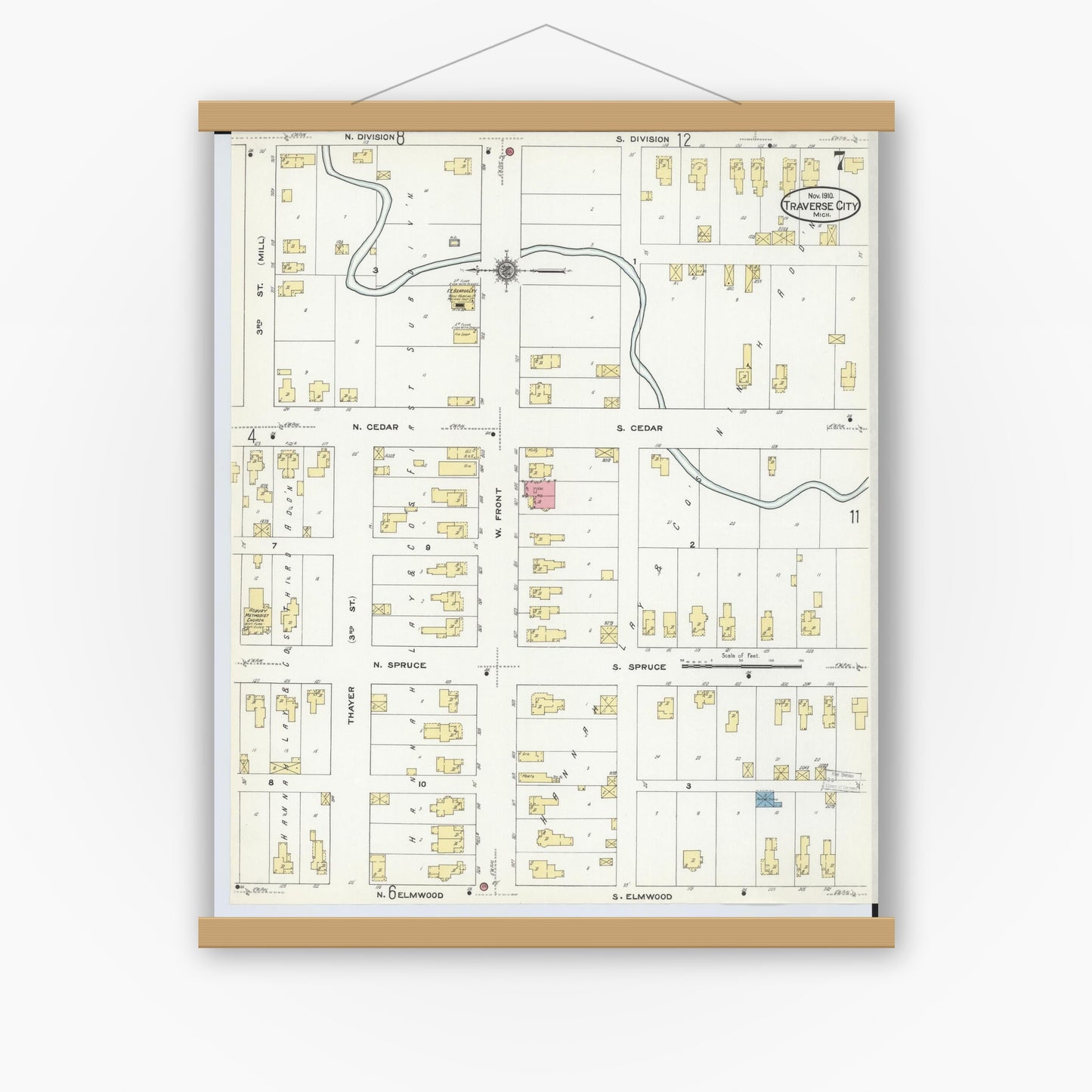 Old map wall art mockup — magnetic wood frame on white wall — Sanborn Fire Insurance Map from Traverse City, Grand Traverse County, Michigan (1910), Sheet #0007