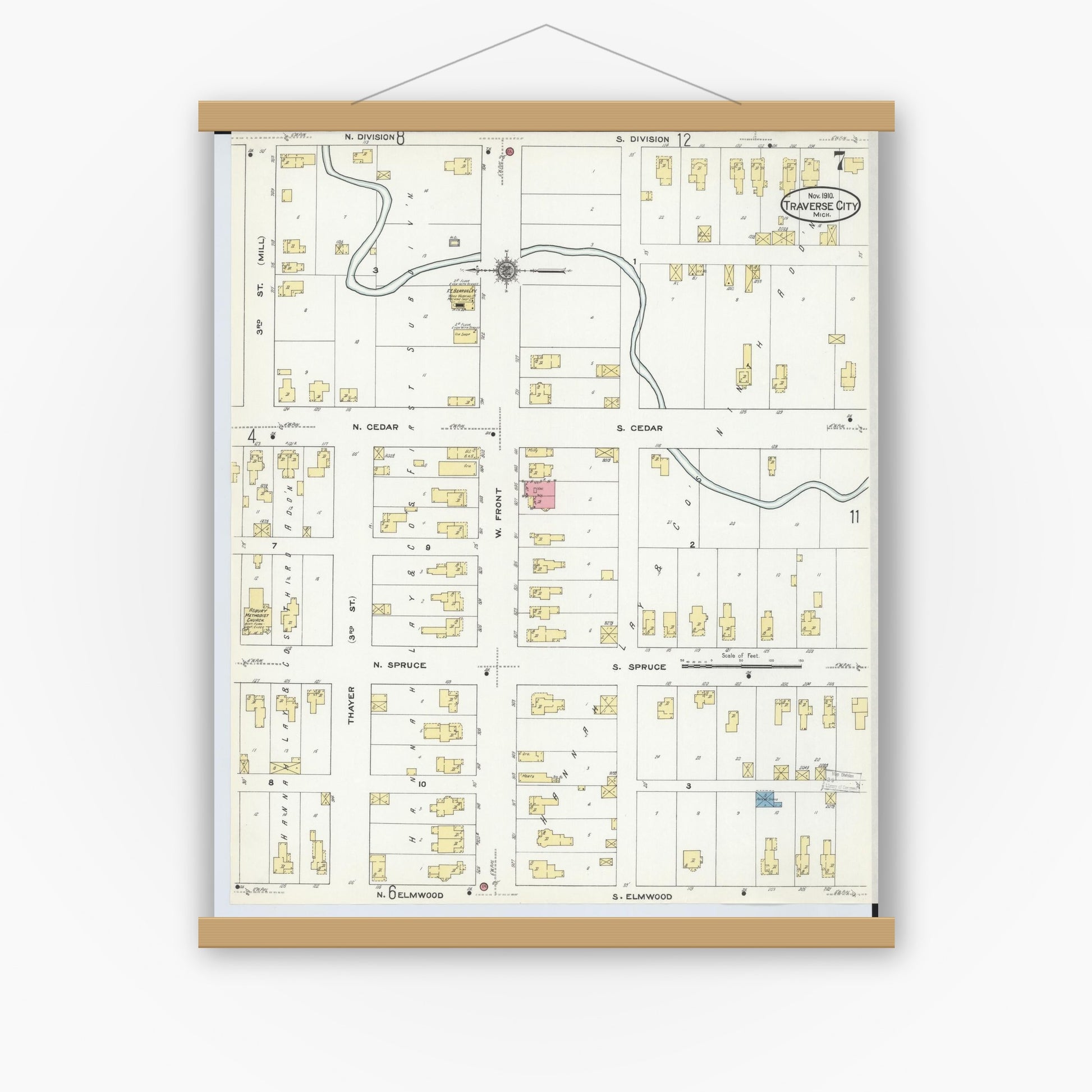 Old map wall art mockup — magnetic wood frame on white wall — Sanborn Fire Insurance Map from Traverse City, Grand Traverse County, Michigan (1910), Sheet #0007
