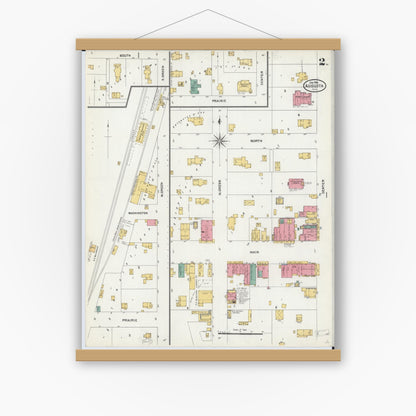 Old map wall art mockup — magnetic wood frame on white wall — Sanborn Fire Insurance Map from Augusta, Hancock County, Illinois (1906), Sheet #0002