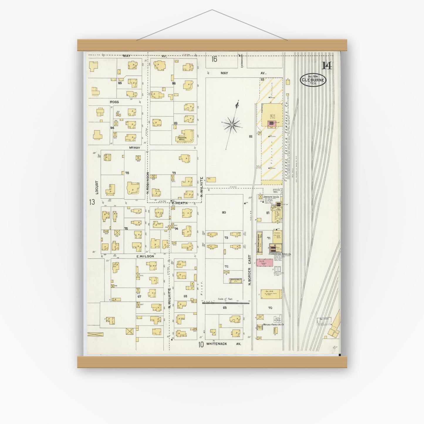 Old map wall art mockup — magnetic wood frame on white wall — Sanborn Fire Insurance Map from Cleburne, Johnson County, Texas (1904), Sheet #0014