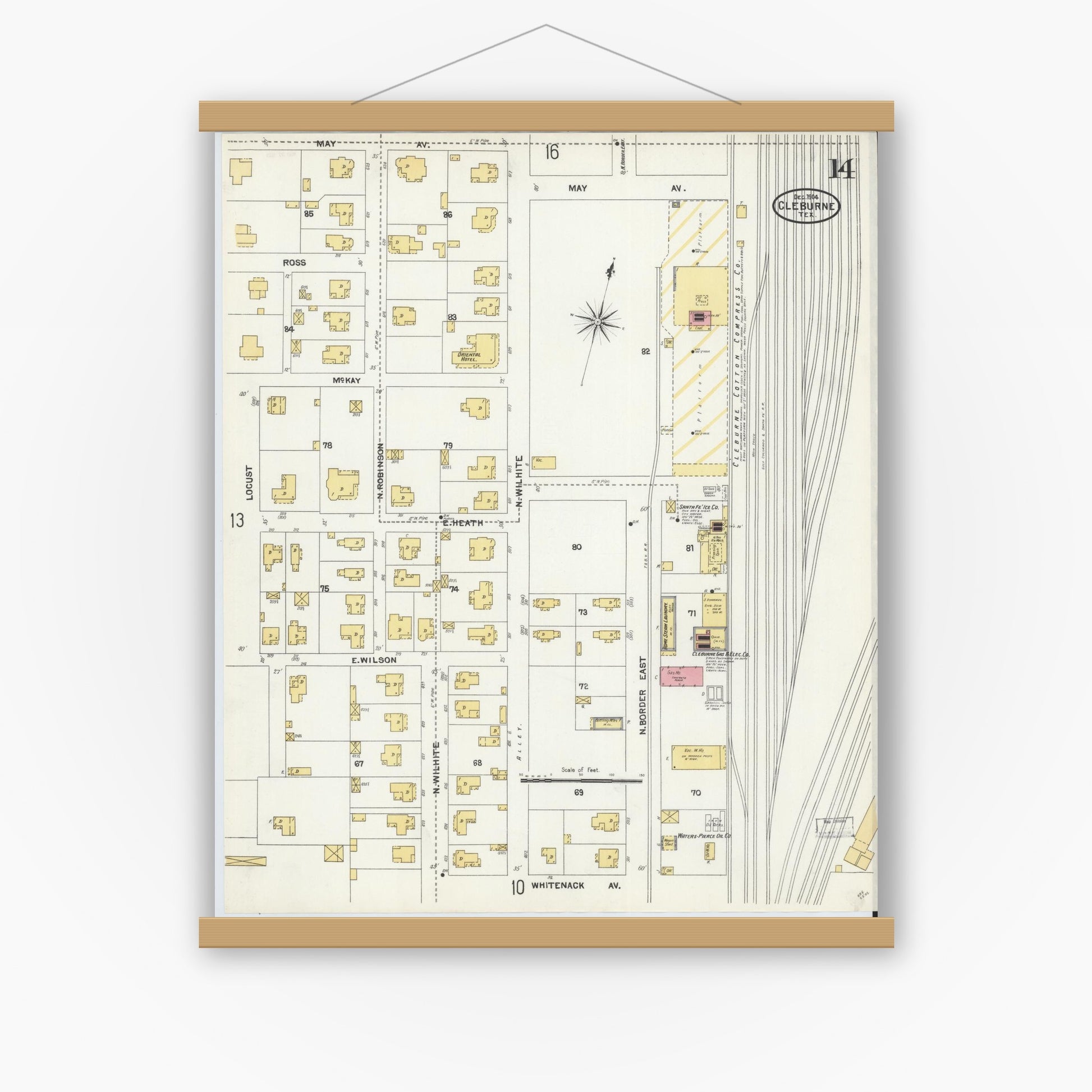 Old map wall art mockup — magnetic wood frame on white wall — Sanborn Fire Insurance Map from Cleburne, Johnson County, Texas (1904), Sheet #0014