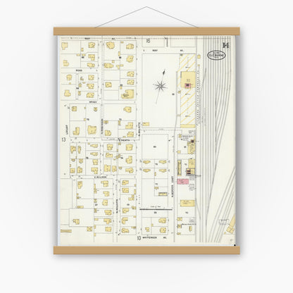Old map wall art mockup — magnetic wood frame on white wall — Sanborn Fire Insurance Map from Cleburne, Johnson County, Texas (1904), Sheet #0014