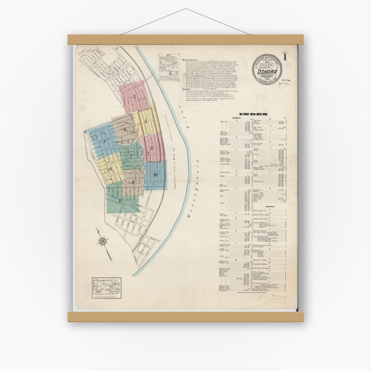 Old map wall art mockup — magnetic wood frame on white wall — Sanborn Fire Insurance Map from Donora, Washington County, Pennsylvania (1914) - Complete Map Set