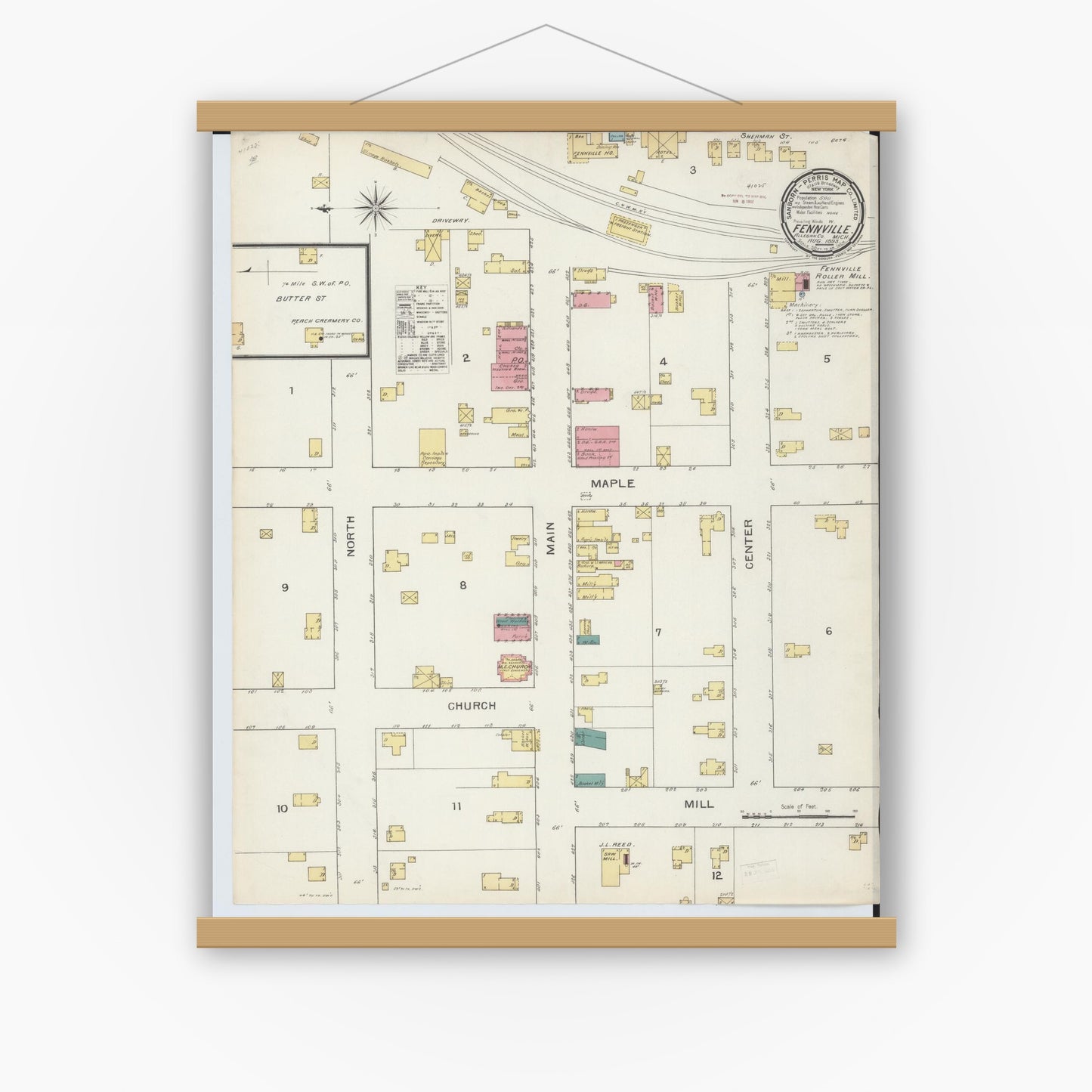 Old map wall art mockup — magnetic wood frame on white wall — Sanborn Fire Insurance Map from Fennville, Allegan County, Michigan (1893), Sheet #0001