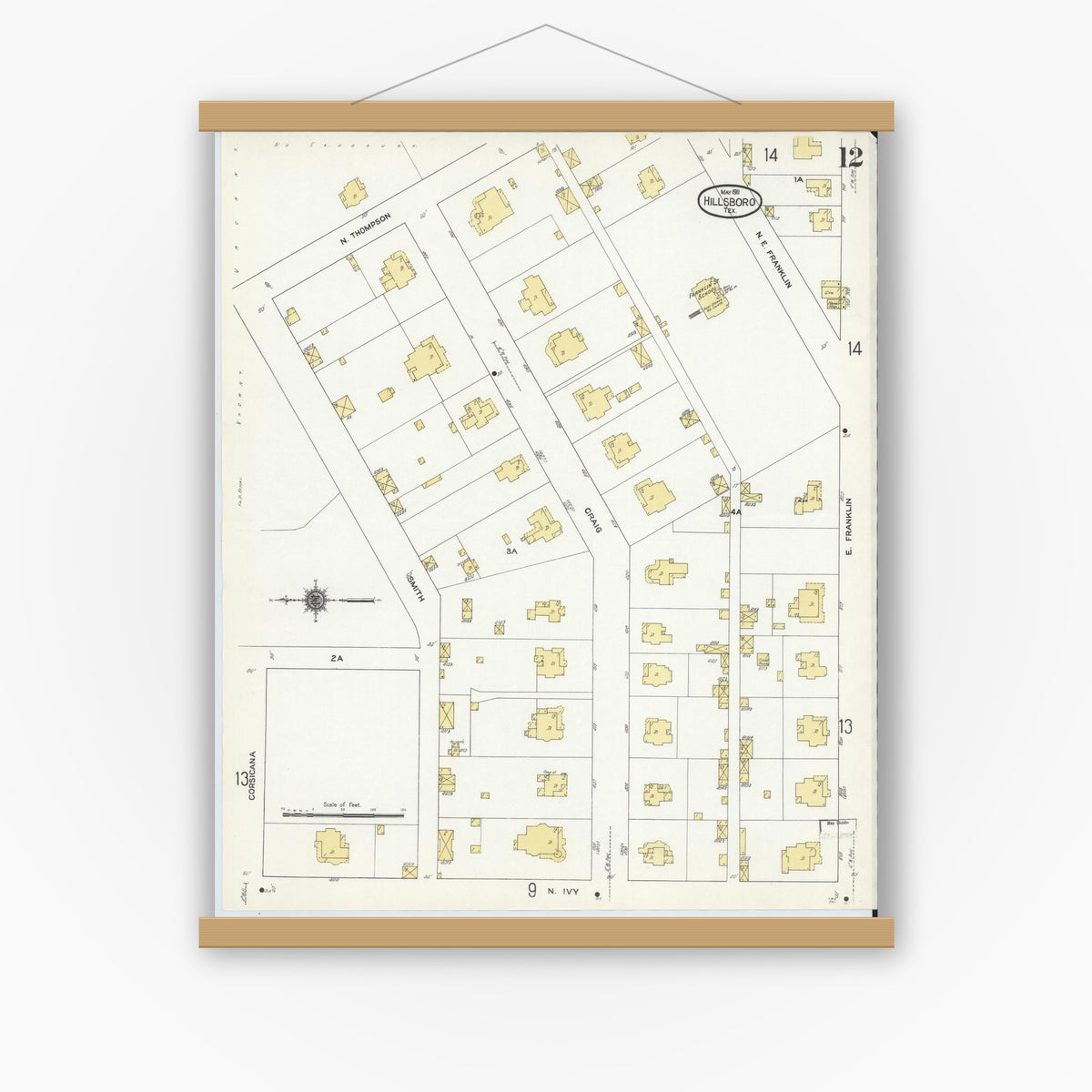 Old map wall art mockup — magnetic wood frame on white wall — Sanborn Fire Insurance Map from Hillsboro, Hill County, Texas (1911), Sheet #0012