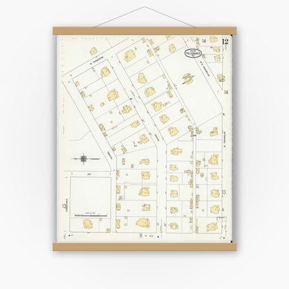 Old map wall art mockup — magnetic wood frame on white wall — Sanborn Fire Insurance Map from Hillsboro, Hill County, Texas (1911), Sheet #0012