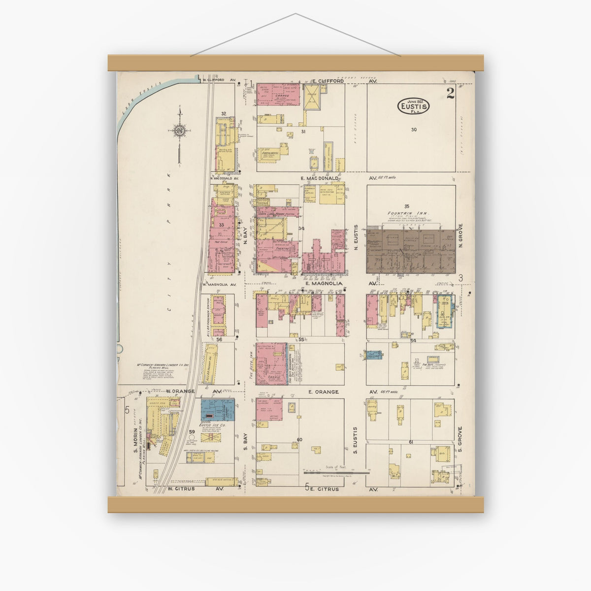 Old map wall art mockup — magnetic wood frame on white wall — Sanborn Fire Insurance Map from Eustis, Lake County, Florida (1922), Sheet #0002