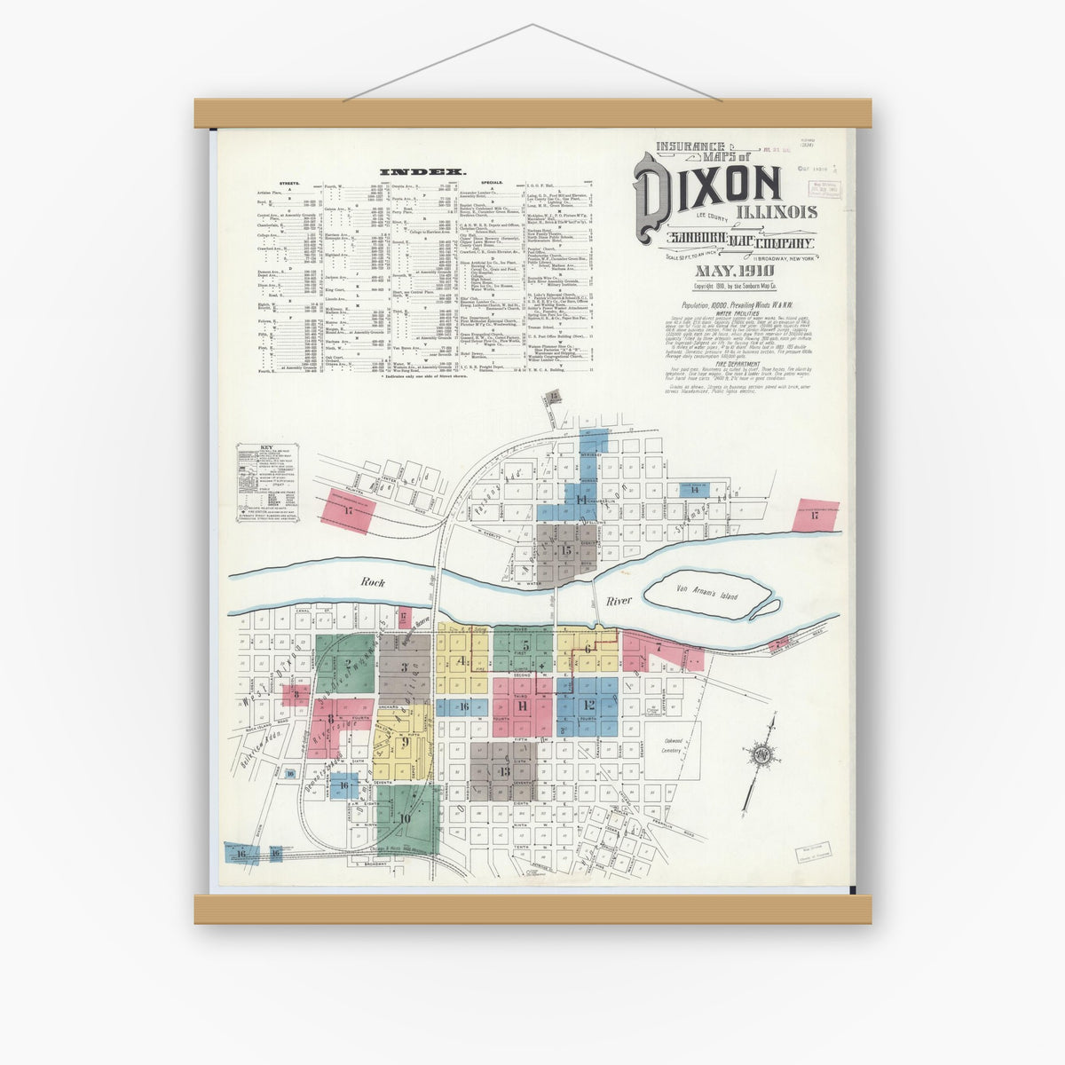 Old map wall art mockup — magnetic wood frame on white wall — Sanborn Fire Insurance Map from Dixon, Lee County, Illinois (1910), Sheet #0001