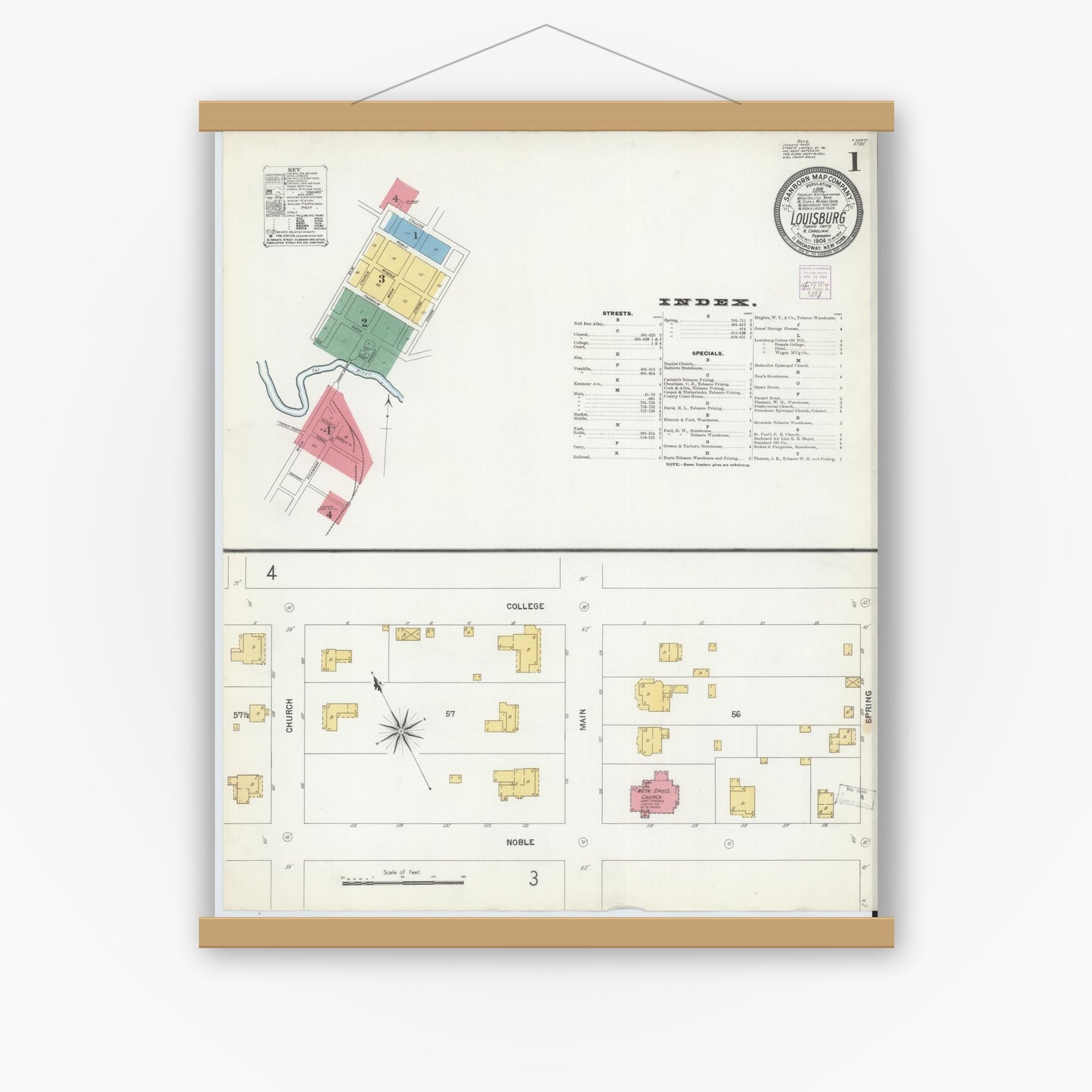 Old map wall art mockup — magnetic wood frame on white wall — Sanborn Fire Insurance Map from Louisburg, Franklin County, North Carolina (1904) - Complete Map Set