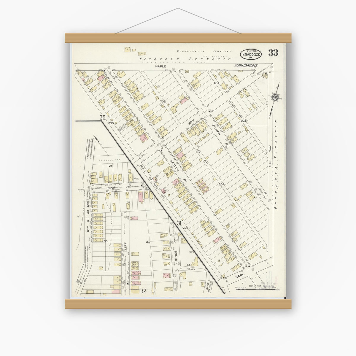 Old map wall art mockup — magnetic wood frame on white wall — Sanborn Fire Insurance Map from Braddock, Allegheny County, Pennsylvania (1914), Sheet #0033