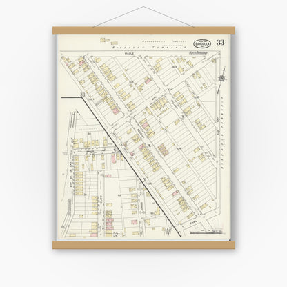 Old map wall art mockup — magnetic wood frame on white wall — Sanborn Fire Insurance Map from Braddock, Allegheny County, Pennsylvania (1914), Sheet #0033