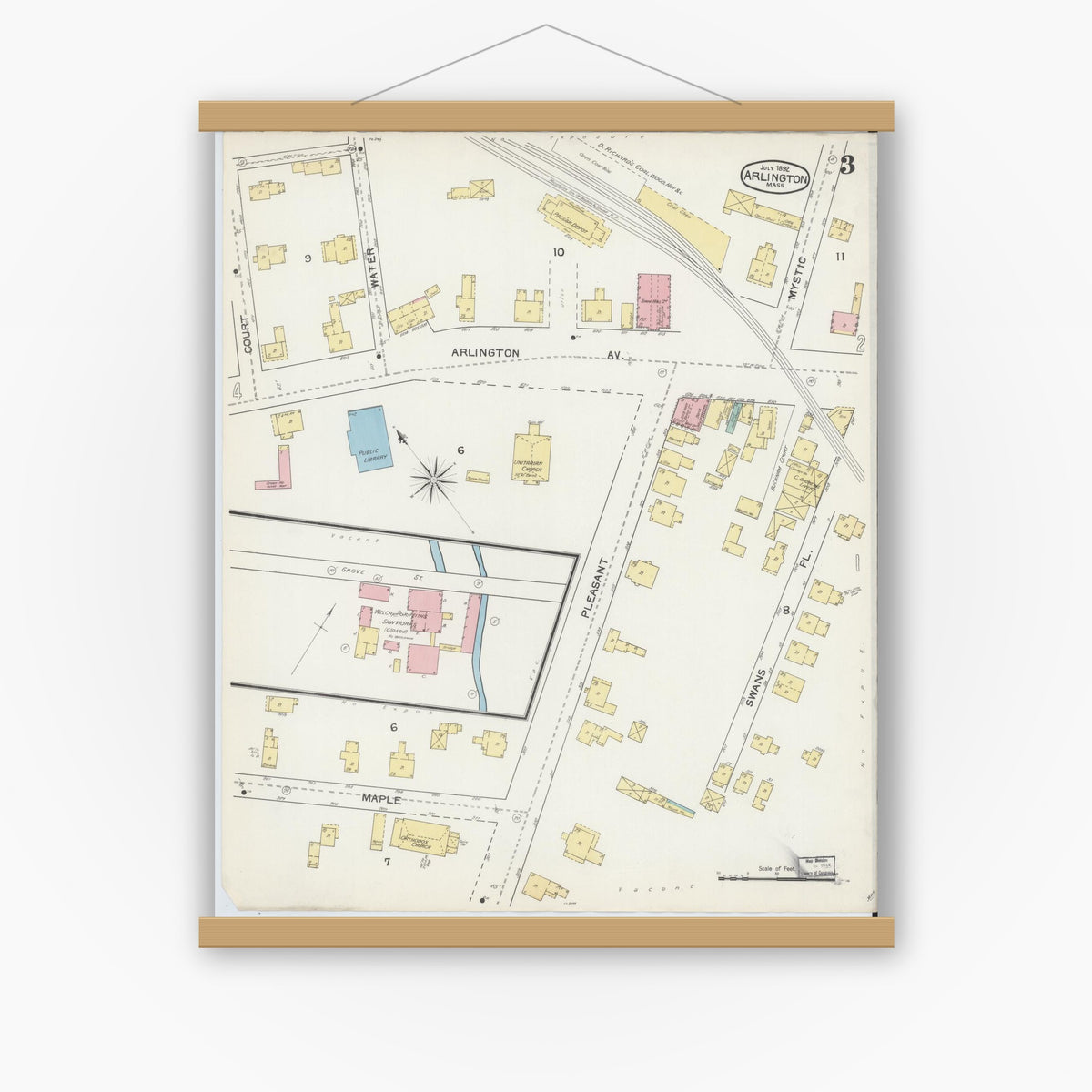 Old map wall art mockup — magnetic wood frame on white wall — Sanborn Fire Insurance Map from Arlington, Middlesex County, Massachusetts (1892), Sheet #0003