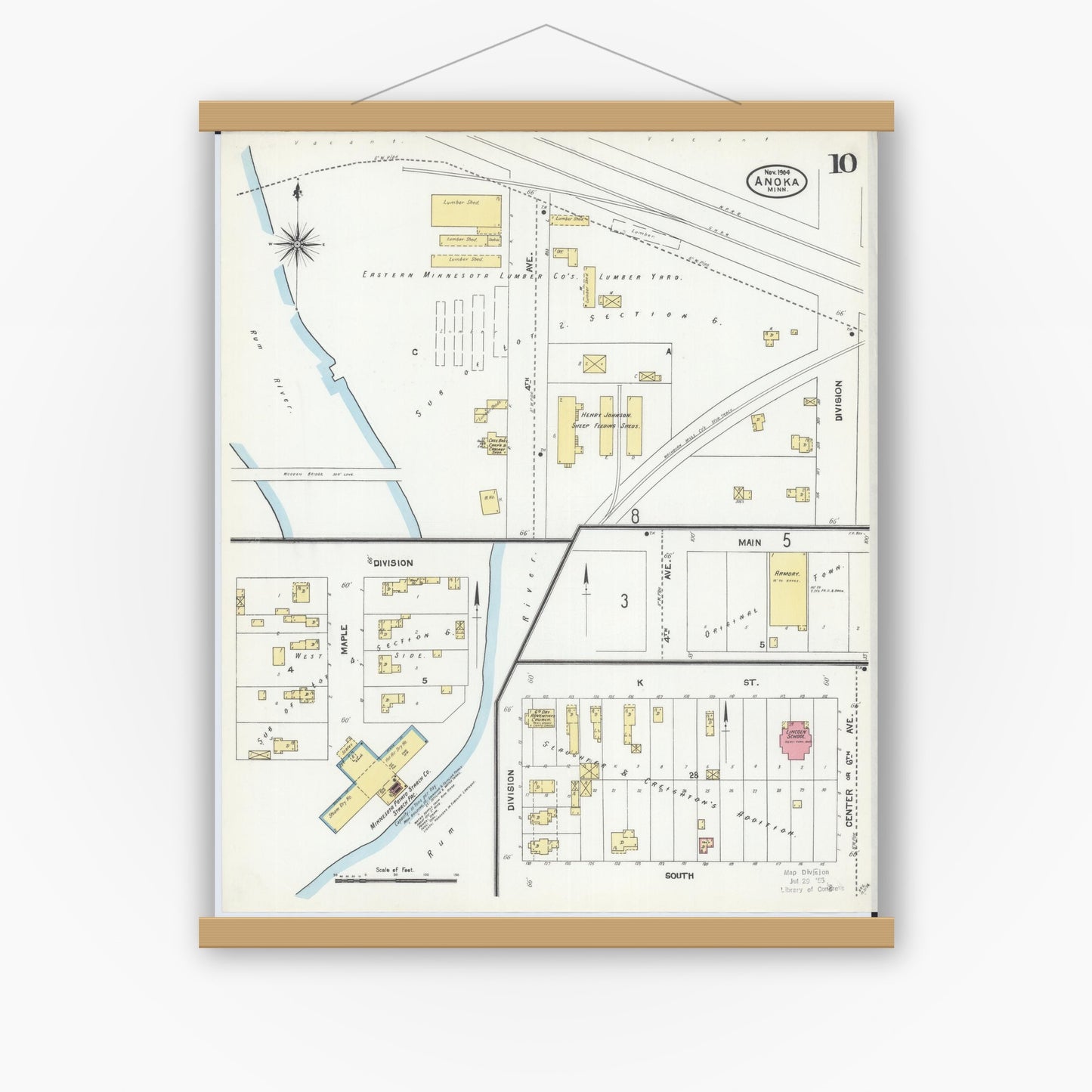 Old map wall art mockup — magnetic wood frame on white wall — Sanborn Fire Insurance Map from Anoka, Anoka County, Minnesota (1904), Sheet #0010