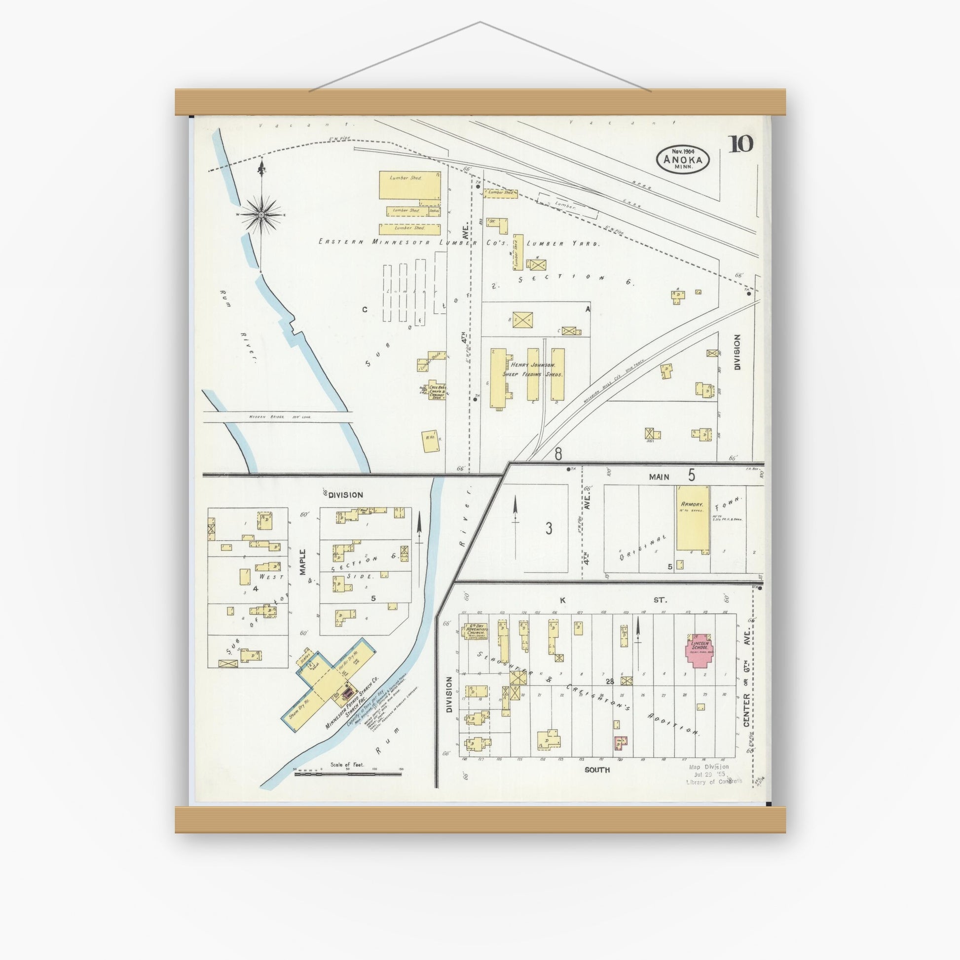 Old map wall art mockup — magnetic wood frame on white wall — Sanborn Fire Insurance Map from Anoka, Anoka County, Minnesota (1904), Sheet #0010