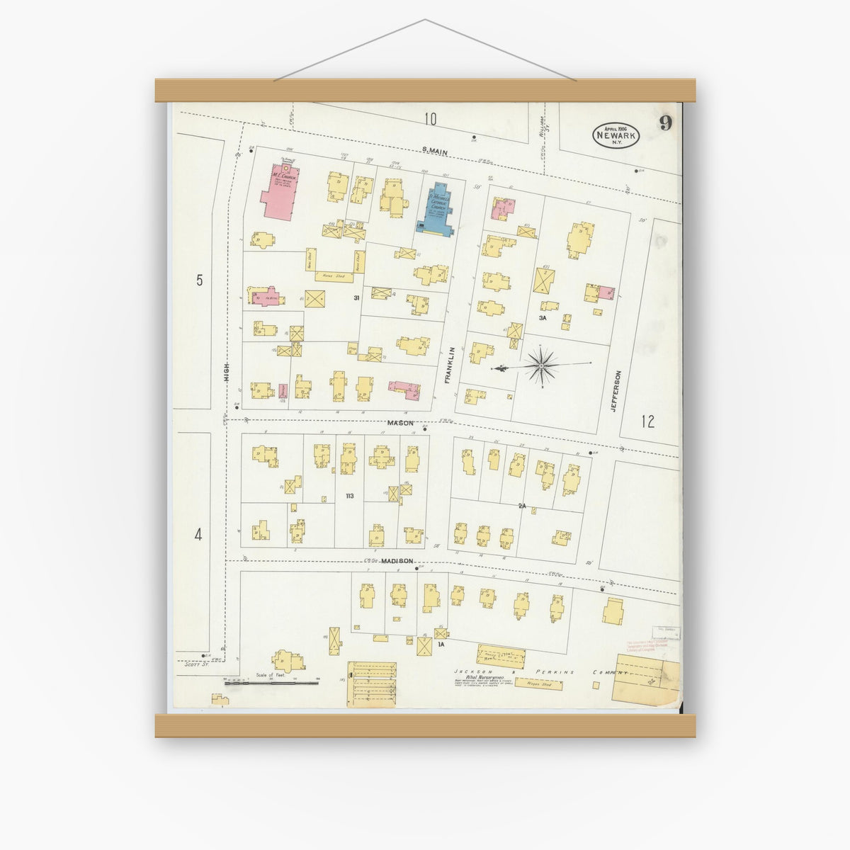 Old map wall art mockup — magnetic wood frame on white wall — Sanborn Fire Insurance Map from Newark, Wayne County, New York (1906), Sheet #0009