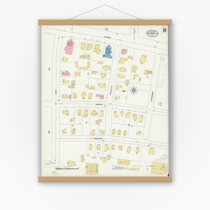 Old map wall art mockup — magnetic wood frame on white wall — Sanborn Fire Insurance Map from Newark, Wayne County, New York (1906), Sheet #0009