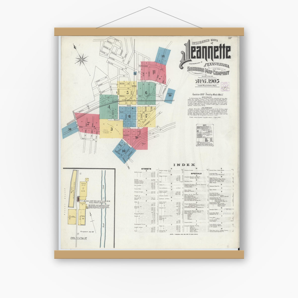 Old map wall art mockup — magnetic wood frame on white wall — Sanborn Fire Insurance Map from Jeannette, Westmoreland County, Pennsylvania (1905) - Complete Map Set