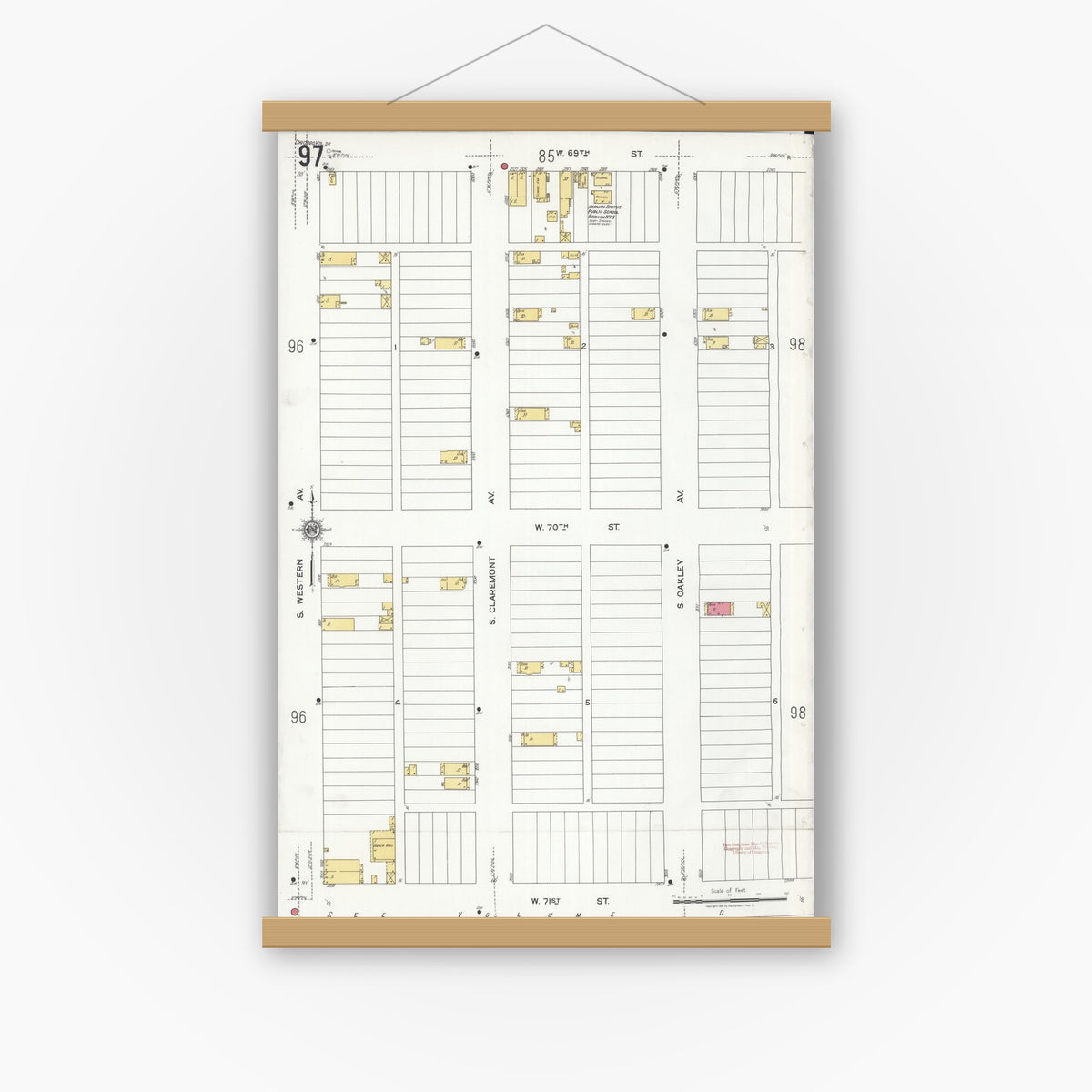 Old map wall art mockup — magnetic wood frame on white wall — Sanborn Fire Insurance Map from Chicago, Cook County, Illinois (1920), Sheet #0097