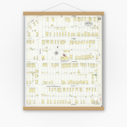 Old map wall art mockup — magnetic wood frame on white wall — Sanborn Fire Insurance Map from Nanticoke, Luzerne County, Pennsylvania (1907), Sheet #0013