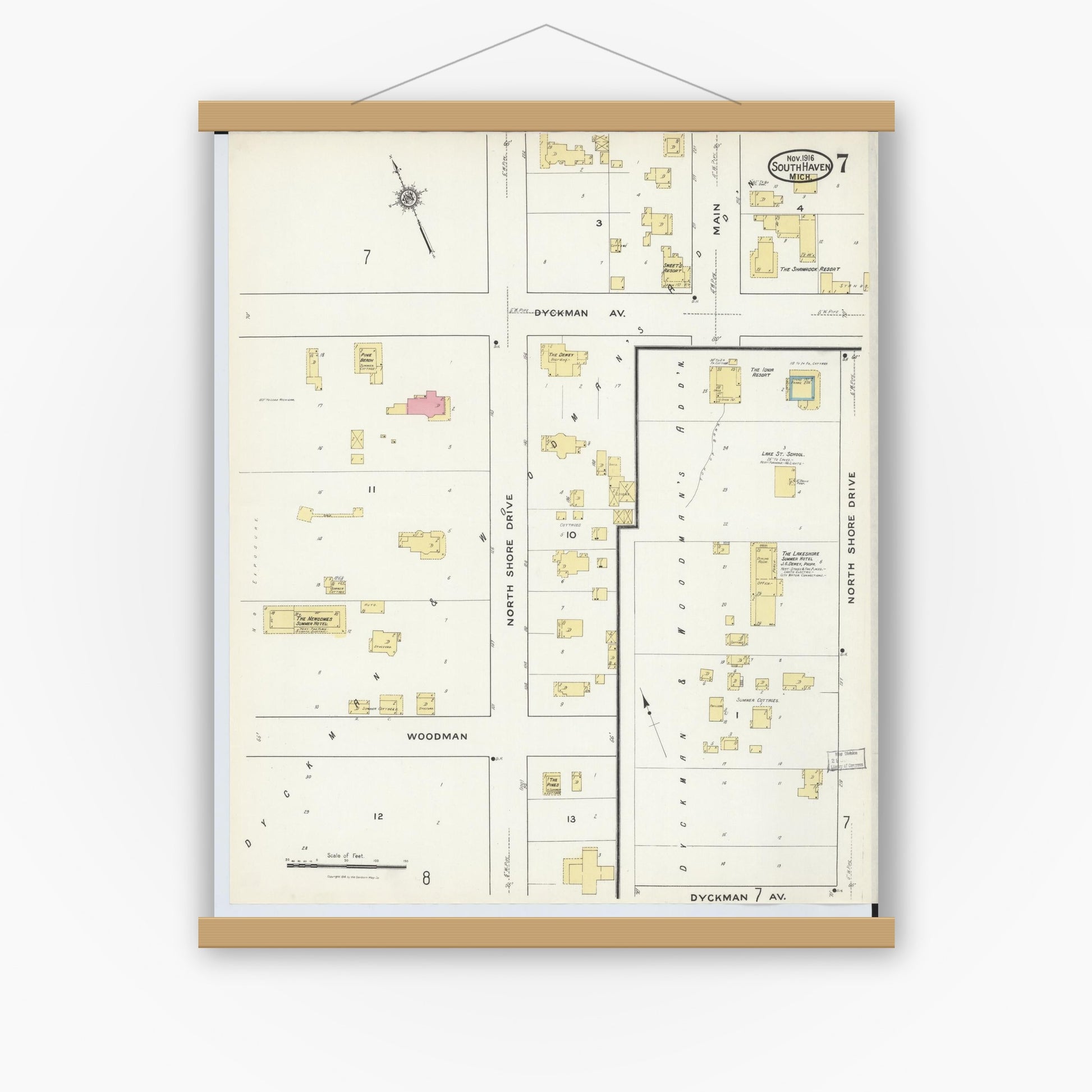 Old map wall art mockup — magnetic wood frame on white wall — Sanborn Fire Insurance Map from South Haven, Van Buren County, Michigan (1916), Sheet #0007