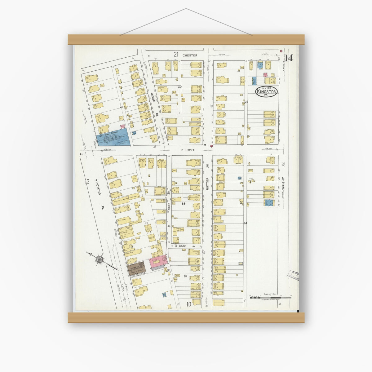 Old map wall art mockup — magnetic wood frame on white wall — Sanborn Fire Insurance Map from Kingston, Luzerne County, Pennsylvania (1919), Sheet #0014