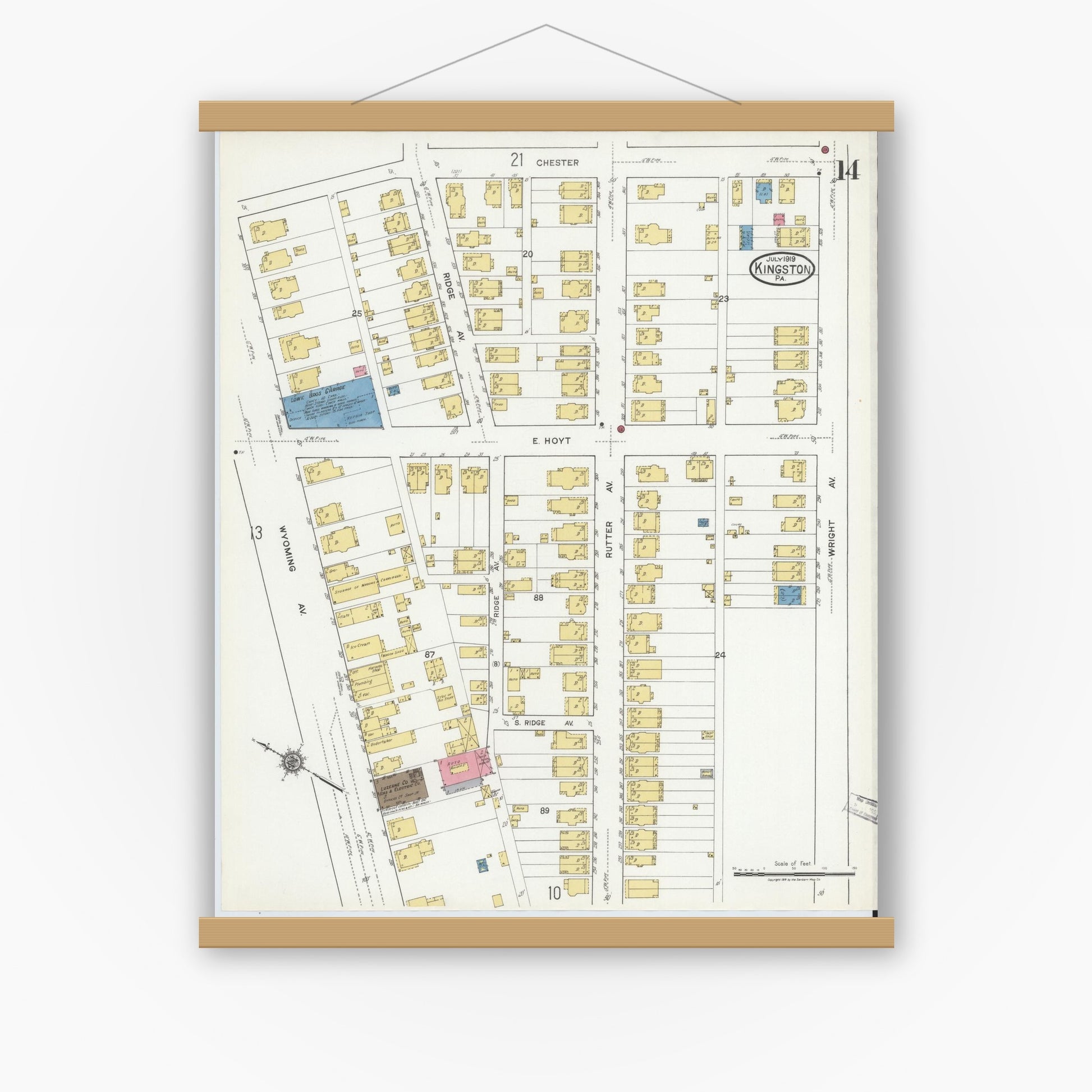 Old map wall art mockup — magnetic wood frame on white wall — Sanborn Fire Insurance Map from Kingston, Luzerne County, Pennsylvania (1919), Sheet #0014