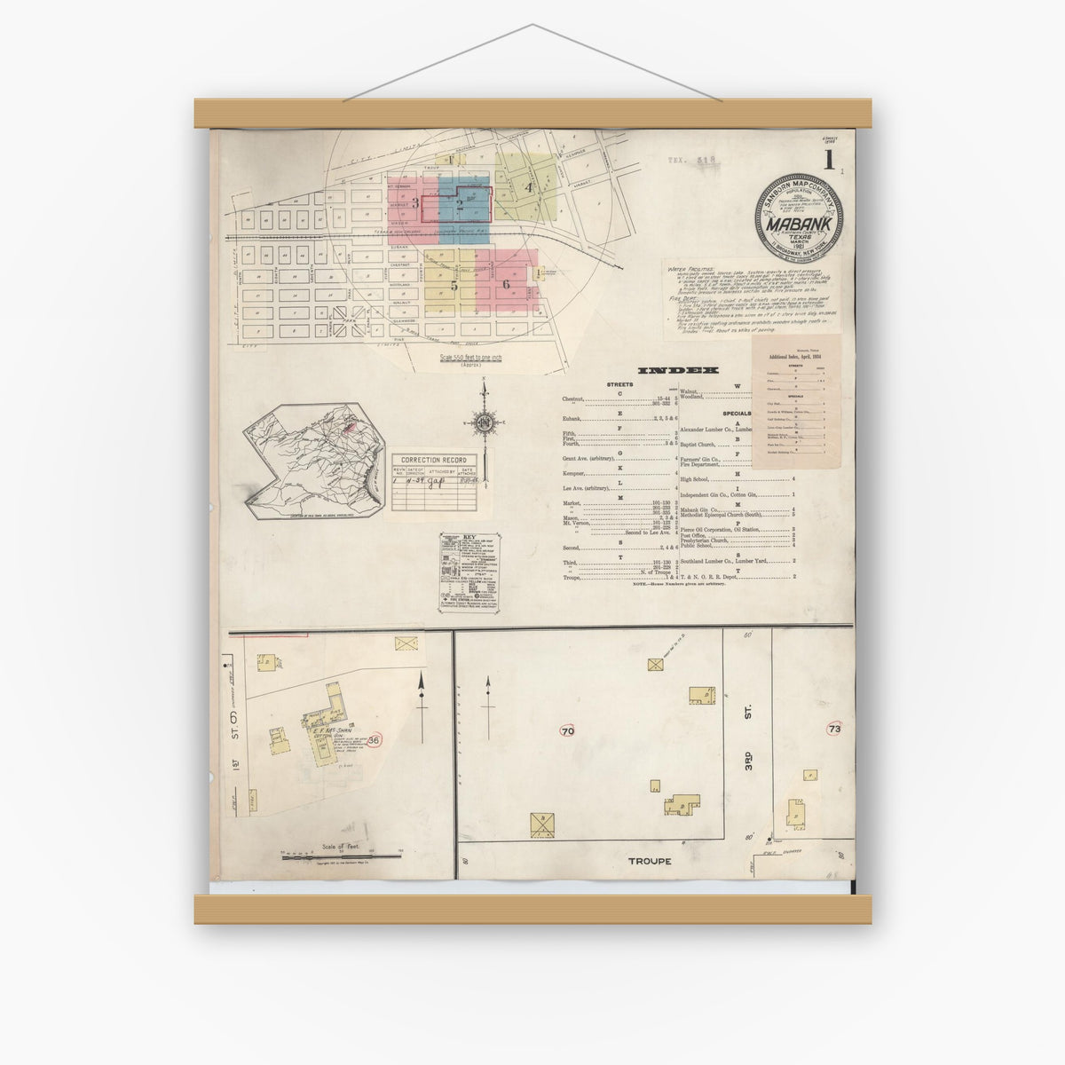 Old map wall art mockup — magnetic wood frame on white wall — Sanborn Fire Insurance Map from Mabank, Kaufman County, Texas (1934) - Complete Map Set