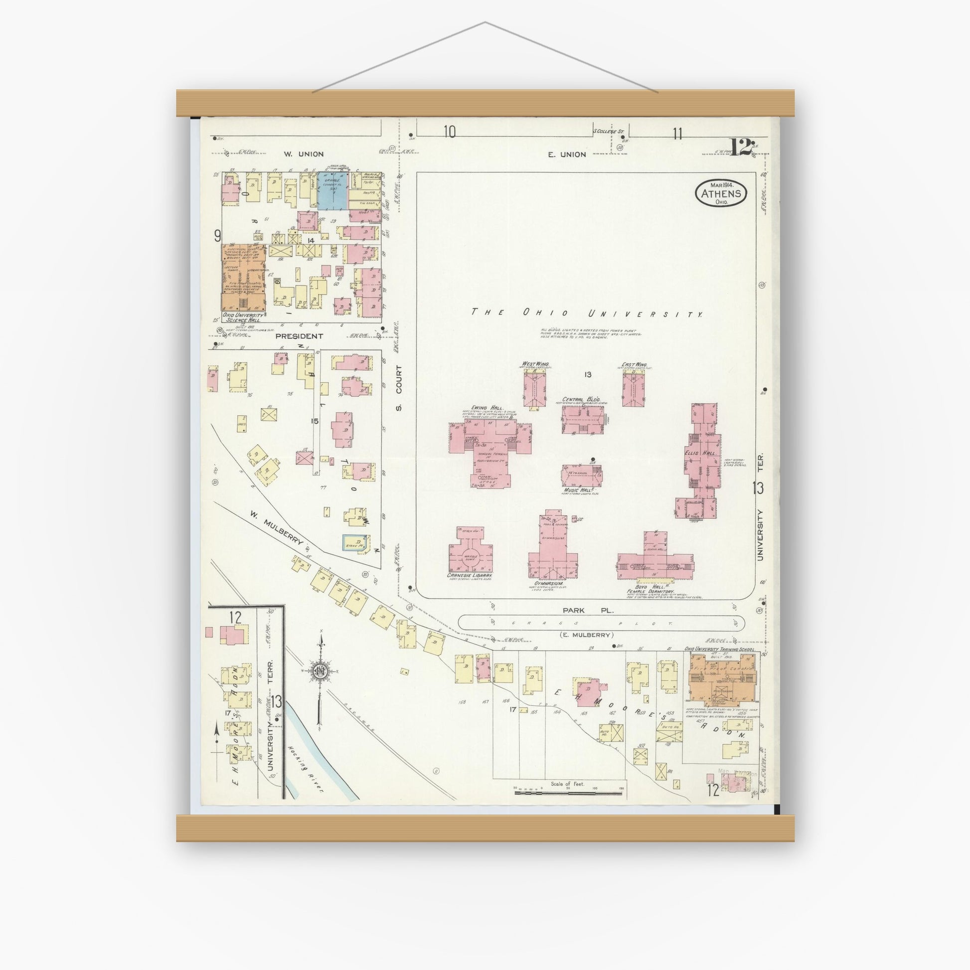 Old map wall art mockup — magnetic wood frame on white wall — Sanborn Fire Insurance Map from Athens, Athens County, Ohio (1914), Sheet #0012